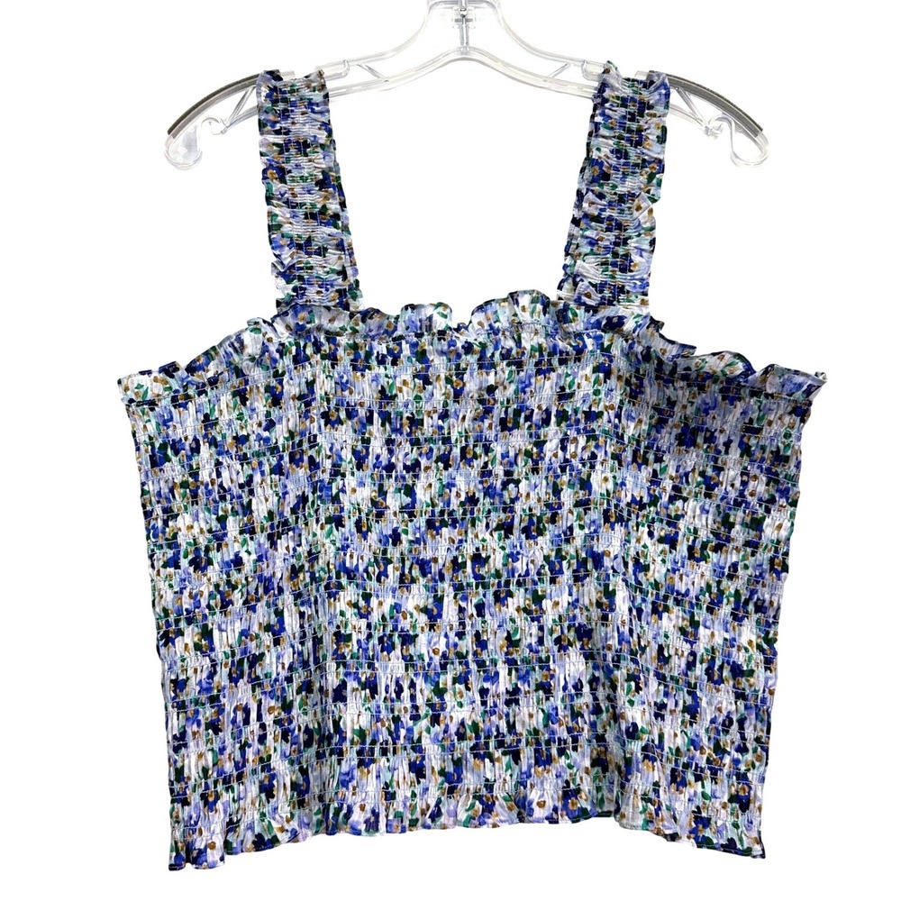 Veronica Beard NWT Averie Tank Top XL Cobalt Floral Smocked Cotton Crop Top